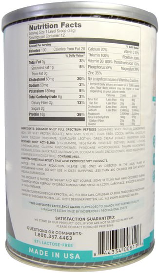 補充劑，乳清蛋白 - Designer Protein, Designer Whey, With Acti-Blend, Natural 100% Whey-Based Protein, Double Chocolate, 12 oz (340 g)