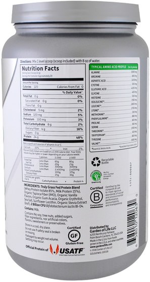 補充劑，乳清蛋白，肌肉 - Garden of Life, Sport, Certified Grass Fed Whey Protein, Refuel, Vanilla, 23 oz (652 g)