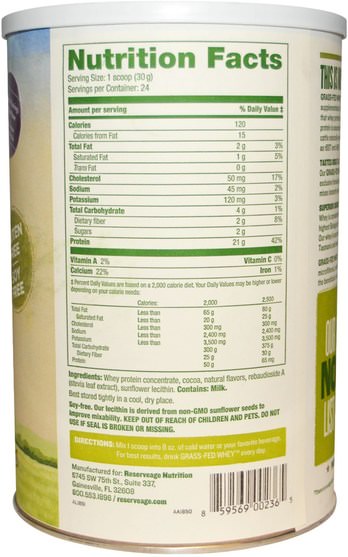 補充劑，乳清蛋白 - ReserveAge Nutrition, Grass-Fed Whey Protein, Chocolate Flavor, 25.4 oz (720 g)