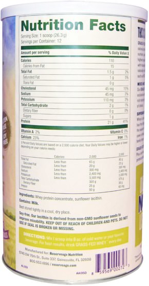 補充劑，乳清蛋白 - ReserveAge Nutrition, Grass-Fed Whey Protein, Unflavored, 11.1 oz (316 g)
