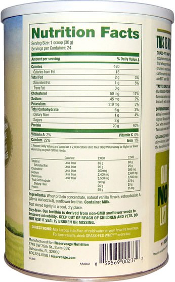 補充劑，乳清蛋白 - ReserveAge Nutrition, Grass-Fed Whey Protein, Vanilla Flavor, 25.4 oz (720 g)