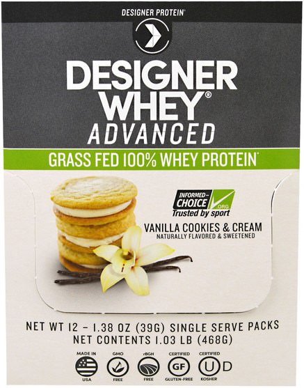 補充劑，乳清蛋白奶昔 - Designer Protein, Designer Whey Advanced, Grass Fed 100% Whey Protein, Vanilla Cookies & Cream, 12 Packs, 1.38 oz (39 g) Each