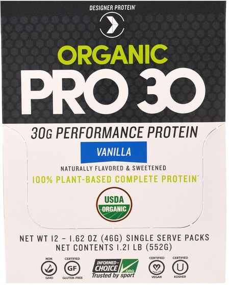 補充劑，乳清蛋白奶昔 - Designer Protein, Organic Pro 30, Vanilla, 12 Packs, 1.62 oz (46 g) Each