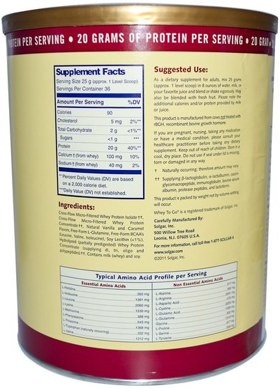 補充劑，乳清蛋白 - Solgar, Whey To Go, Whey Protein Powder, Natural Vanilla Flavor, 32 oz (907 g)