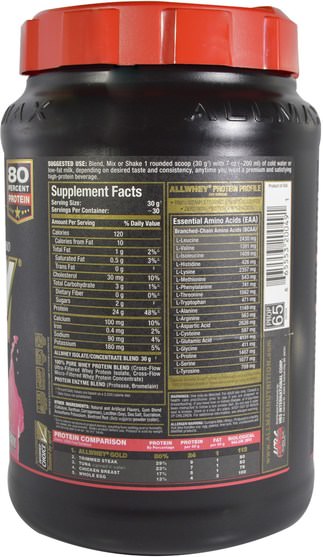 補充劑，乳清蛋白，運動 - ALLMAX Nutrition, AllWhey Gold, 100% Whey Protein + Premium Whey Protein Isolate, Strawberry, 2 lbs (907 g)