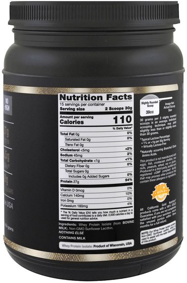 補充劑，乳清蛋白，運動，運動 - California Gold Nutrition, CGN, Instantized Whey Protein Isolate, Ultra-Low Lactose, Unflavored, 1 lb, 16 oz (454 g)