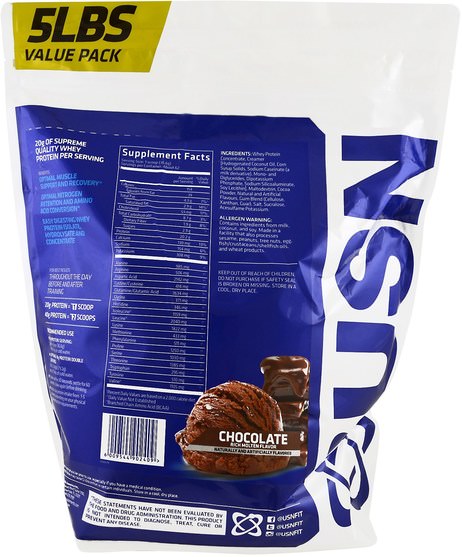 補充劑，乳清蛋白 - USN, 100% Premium Whey Protein, Chocolate, 5 lbs (2.27 kg)