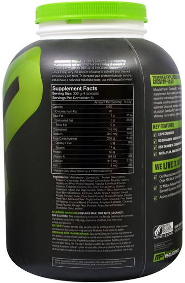 補充劑，乳清蛋白，增重劑 - MusclePharm, Combat XL Mass Gainer, Vanilla, 96 oz (2722 g)