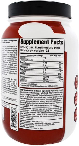 補充劑，乳清蛋白，鍛煉 - AST Sports Science, VP2, Whey Protein Isolate, Strawberries N Cream, 1.99 lbs (902.4 g)