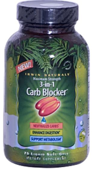補充劑，白芸豆提取物2期，健康，飲食 - Irwin Naturals, 3-In-1 Carb Blocker, Maximum Strength, 75 Liquid Soft-Gels