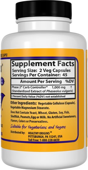 補充劑，白芸豆提取物2期 - Healthy Origins, Phase 2, Carb Controller, White Kidney Bean Extract, 500 mg, 90 Veggie Caps