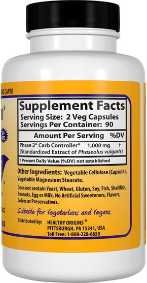 補充劑，白芸豆提取物2期 - Healthy Origins, Phase 2 Carb Controller, White Kidney Bean Extract, 500 mg, 180 Veggie Caps