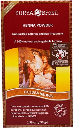 Henna Powder, Natural Hair Coloring and Hair Treatment, Golden Brown, 1.76 oz (50 g) by Surya Henna, 洗澡，美容，頭髮，頭皮，頭髮的顏色 HK 香港