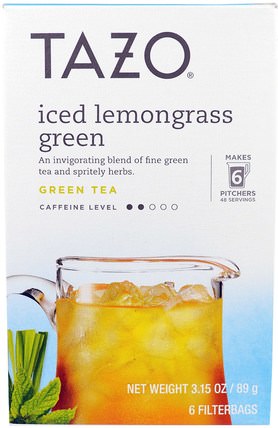 Iced Lemongrass Green Tea, 6 Filterbags, 3.15 oz (89 g) by Tazo Teas, 食物，涼茶，冰茶，補品，抗氧化劑，綠茶 HK 香港