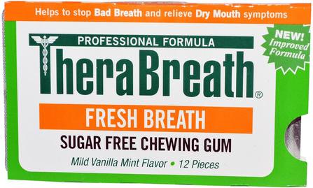 Fresh Breath, Sugar Free Chewing Gum, Mild Vanilla Mint Flavor, 12 Pieces by TheraBreath, 洗澡，美容，口腔牙齒護理，牙齦薄荷糖，口香糖，木糖醇口香糖糖果 HK 香港