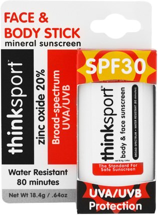 Thinksport, Sunscreen Stick, SPF 30, 0.64 oz (18.4 g) by Think, 洗澡，美容，防曬霜，面部護理，曬傷防曬 HK 香港