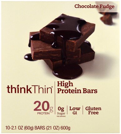 High Protein Bar, Chocolate Fudge, 10 Bars, 2.1 oz (60 g) Each by ThinkThin, 食物，零食，健康零食 HK 香港