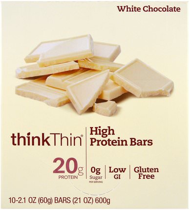 High Protein Bar, White Chocolate, 10 Bars, 2.1 oz (60 g) Each by ThinkThin, 食物，零食，健康零食 HK 香港