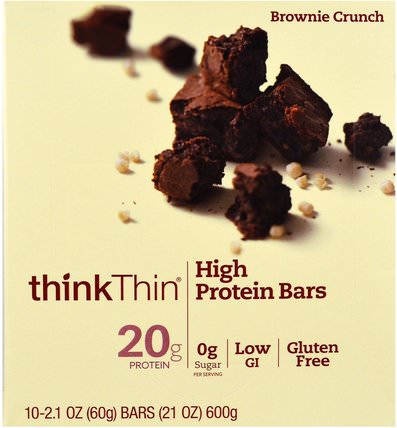 High Protein Bars, Brownie Crunch, 10 Bars, 21 oz (60 g) Each by ThinkThin, 食物，零食，健康零食 HK 香港