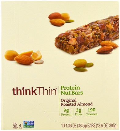 Protein Nut Bars, Original Roasted Almond, 10 Bars, 13.6 oz (385 g) Each by ThinkThin, 食物，零食，健康零食 HK 香港