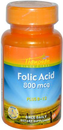 Folic Acid, Plus B-12, 800 mcg, 30 Tablets by Thompson, 維生素，葉酸 HK 香港