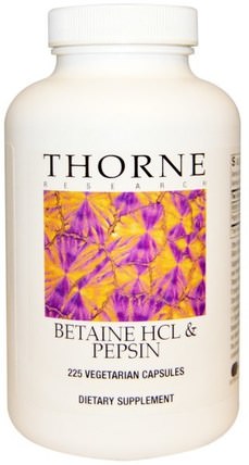 Betaine HCL & Pepsin, 225 Vegetarian Capsules by Thorne Research, 補充劑，甜菜鹼hcl HK 香港