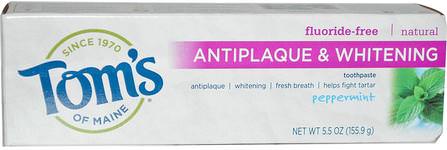 Antiplaque & Whitening, Fluoride-Free Toothpaste, Peppermint, 5.5 oz (155.9 g) by Toms of Maine, 沐浴，美容，牙膏，口腔牙齒護理，牙齒美白 HK 香港