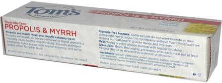 Natural Antiplaque, Propolis & Myrrh Toothpaste, Fluoride-Free, Fennel, 5.5 oz (155.9 g) by Toms of Maine, 洗澡，美容，牙膏 HK 香港
