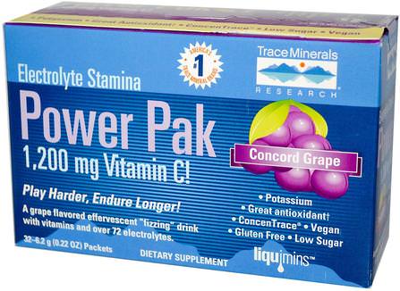 Electrolyte Stamina, Power Pak, 1200 mg, Concord Grape, 32 Packets, 0.22 oz (6.2 g) Each by Trace Minerals Research, 運動，電解質飲料補水 HK 香港