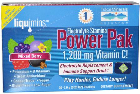 Electrolyte Stamina, Power Pak, 1200 mg, Mixed Berry, 30 Packets, 0.25 oz (7.0 g) Each by Trace Minerals Research, 運動，電解質飲料補水 HK 香港
