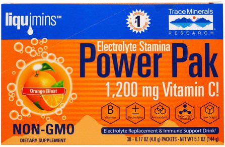 Electrolyte Stamina, Power Pak, 1200 mg, Orange Blast, 30 Packets, 0.17 oz (4.8 g) Each by Trace Minerals Research, 運動，電解質飲料補水 HK 香港