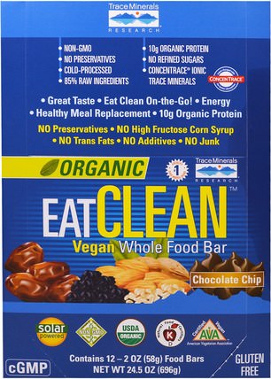 Organic EatClean Vegan Whole Food Bar, Chocolate Chip, 12 Bars, 2 oz (58 g) Each by Trace Minerals Research, 補充劑，營養棒，礦物質，微量礦物質 HK 香港