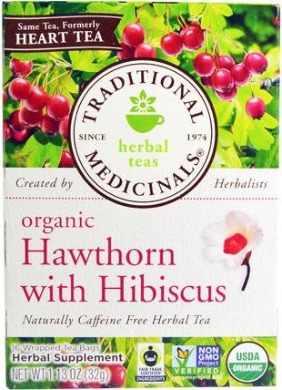 Herbal Teas, Organic Hawthorn with Hibiscus, Naturally Caffeine Free Herbal Tea, 16 Wrapped Tea Bags, 1.13 oz (32 g) by Traditional Medicinals, 健康 HK 香港