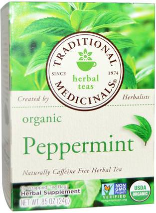 Herbal Teas, Organic Peppermint, Naturally Caffeine Free, 16 Wrapped Tea Bags.85 oz. (24 g) by Traditional Medicinals, 食物，涼茶，薄荷茶 HK 香港