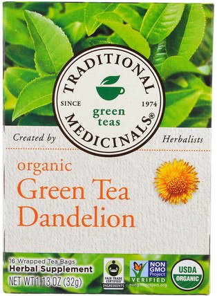 Green Teas, Organic Green Tea Dandelion, 16 Wrapped Tea Bags, 1.13 oz (32 g) by Traditional Medicinals, 食物，涼茶，蒲公英茶，補品，抗氧化劑，綠茶 HK 香港