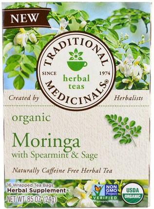 Organic Moringa with Spearmint & Sage, 16 Wrapped Tea Bags, 86 oz (24 g) by Traditional Medicinals, 食物，涼茶，留蘭香 HK 香港