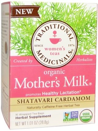 Womens Teas, Organic Mothers Milk, Shatavari Cardamom, Naturally Caffeine Free, 16 Wrapped Tea Bags.06 oz (1.8 g) Each by Traditional Medicinals, 健康，懷孕，餵養嬰兒，母乳喂養 HK 香港