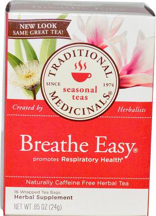 Seasonal Teas, Breathe Easy, Naturally Caffeine Free, 16 Wrapped Tea Bags.85 oz (24 g) by Traditional Medicinals, 食物，涼茶 HK 香港