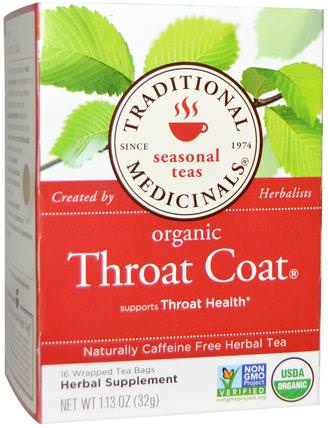 Seasonal Teas, Organic Throat Coat, Naturally Caffeine Free, 16 Wrapped Tea Bags, 1.13 oz (32 g) by Traditional Medicinals, 健康 HK 香港