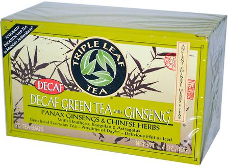 Decaf Green Tea with Ginseng, 20 Tea Bags 1.4 oz (40 g) Each by Triple Leaf Tea, 食品，涼茶，人參茶，補品，adaptogen HK 香港
