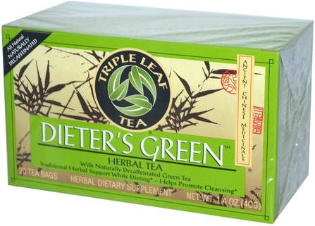 Dieters Green, Herbal Tea, Decaf, 20 Tea Bags, 1.4 oz (40 g) by Triple Leaf Tea, 補充劑，抗氧化劑，綠茶 HK 香港