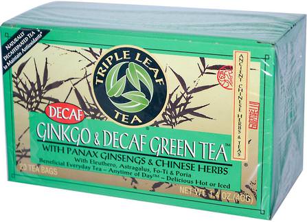 Ginkgo & Decaf Green Tea, 20 Tea Bags, 1.4 oz (40 g) by Triple Leaf Tea, 補充劑，抗氧化劑，綠茶，草藥，銀杏葉 HK 香港