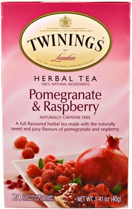Herbal Tea, Pomegranate & Raspberry, Caffeine Free, 20 Tea Bags, 1.41 oz (40 g) by Twinings, 食物，涼茶 HK 香港