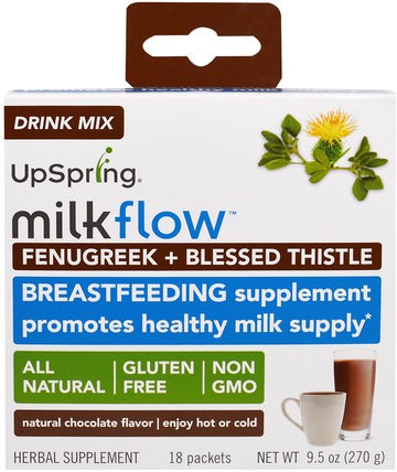 Milkflow, Fenugreek + Blessed Thistle Drink Mix, Natural Chocolate Flavor, 18 Packets, (15 g) Each by UpSpring, 兒童健康，嬰兒餵養，母乳喂養 HK 香港