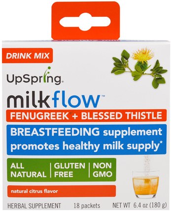 Milkflow, Fenugreek + Blessed Thistle Drink Mix, Natural Citrus Flavor, 18 Packets, 0.35 oz (10 g) Each by UpSpring, 兒童健康，母乳喂養 HK 香港