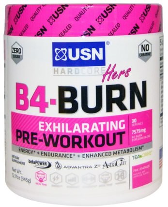 Hers B4-Burn, Pre-Workout, Pink Lemonade, 12.17 oz (345 g) by USN, 運動，女性運動產品，鍛煉 HK 香港