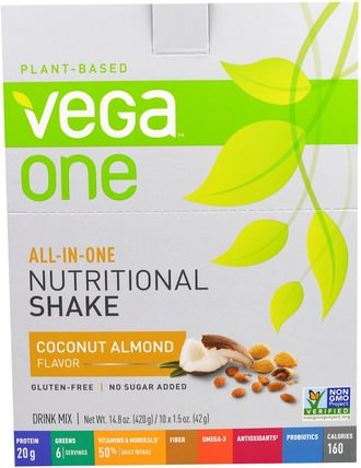 All-In-One, Nutritional Shake, Coconut Almond, 10 Packets, 1.5 oz (42 g) Each by Vega, 運動，補品，蛋白質 HK 香港