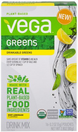 Drinkable Greens, Mint Lemonade, 16 Pouches, 0.2 oz (5 g) Each by Vega, 補品，超級食品，綠色蔬菜 HK 香港