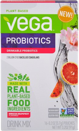 Drinkable Probiotics, Hibiscus Grapefruit, 16 Pouches, 0.2 oz (5.7 g) Each by Vega, 補充劑，益生菌，穩定的益生菌 HK 香港