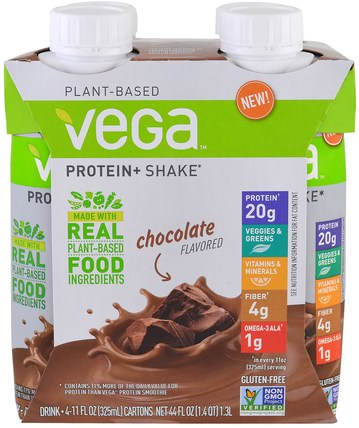 Protein + Shake, Chocolate, 4 Pack, 11 fl oz (325 ml) Each by Vega, 運動，運動，蛋白質 HK 香港
